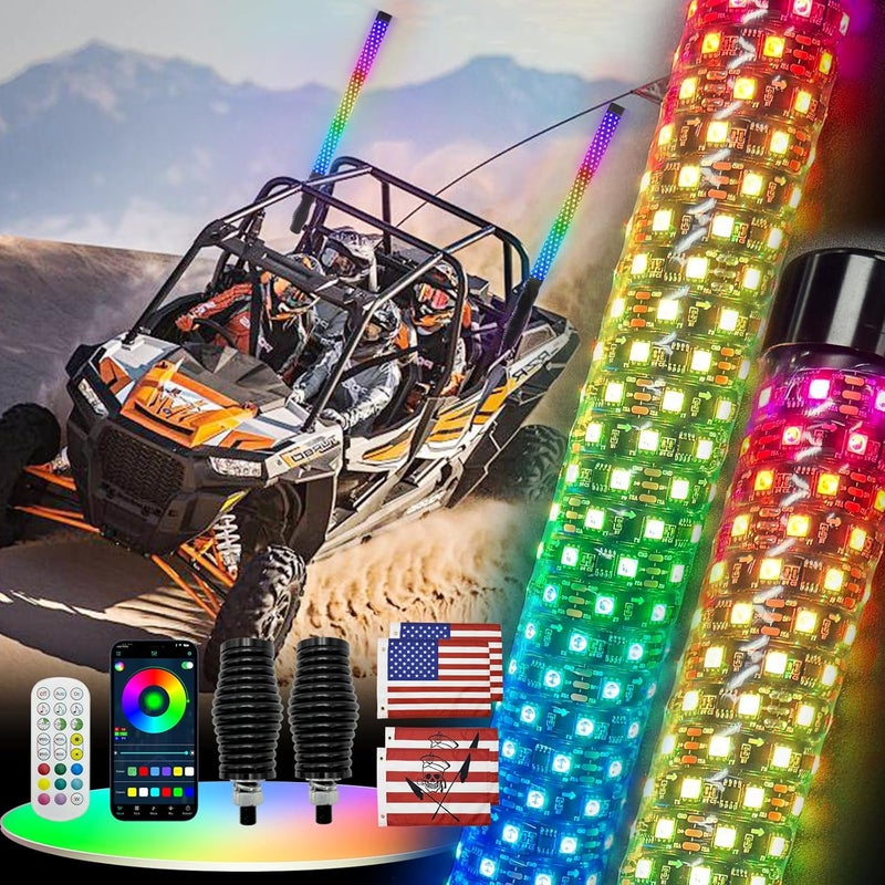 cezelux Fat Whip Lights, 2 Pack 3ft LED Whip Lights with Spring Base App & Remote Control Rocker Switch Spiral RGB Chasing Lighted Antenna Stick Fat Whips Light for ATV UTV Can-Am SXS Truck RZR - Image 1
